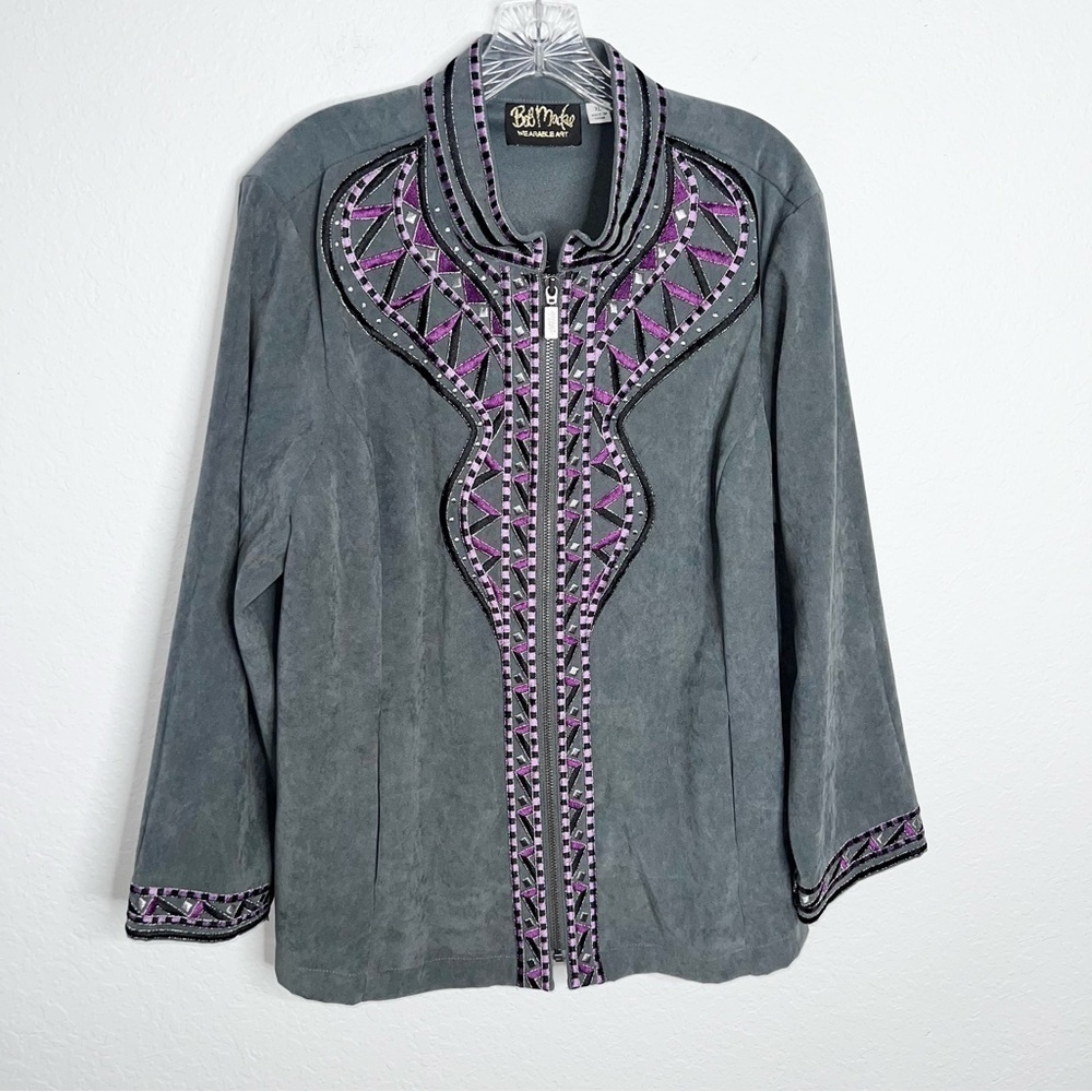 Bob Mackie Jacket Women XL Suede Wearable Art Embroidered Purple Gray C2